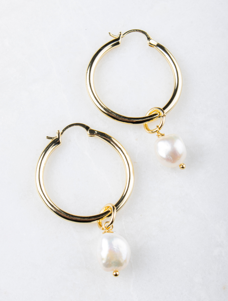 Carmen Large Hoops With Freshwater Pearl Charm – Gold Plated Ros