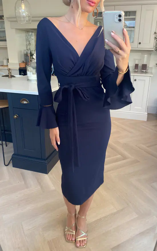 Bodycon Midi Dress With Flute Sleeves In Navy