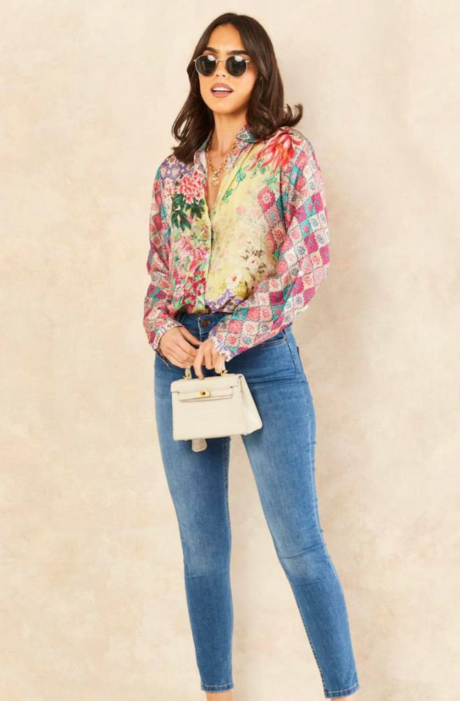 Luxurious Viscose Silk Long Sleeve Shirt In Premium Multi Floral Print
