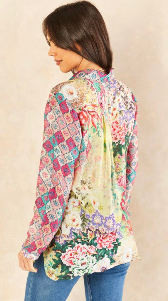 Luxurious Viscose Silk Long Sleeve Shirt In Premium Multi Floral Print