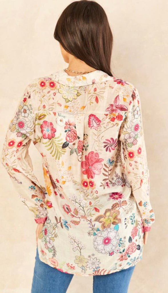 Luxurious Viscose Silk Cream Long Sleeve Shirt In Premium Floral Print