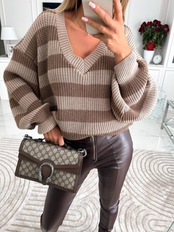 Stripped V Neck Sweater - brown