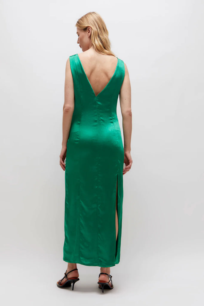 Long green satin dress