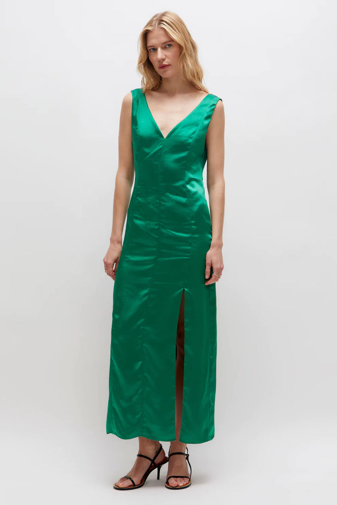 Long green satin dress