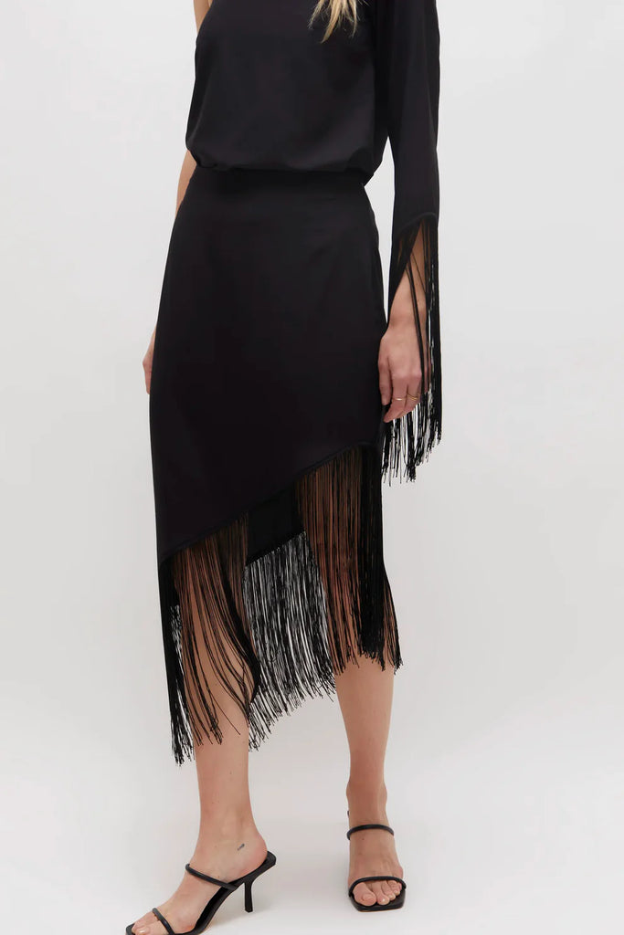 Black asymmetrical midi skirt with fringes