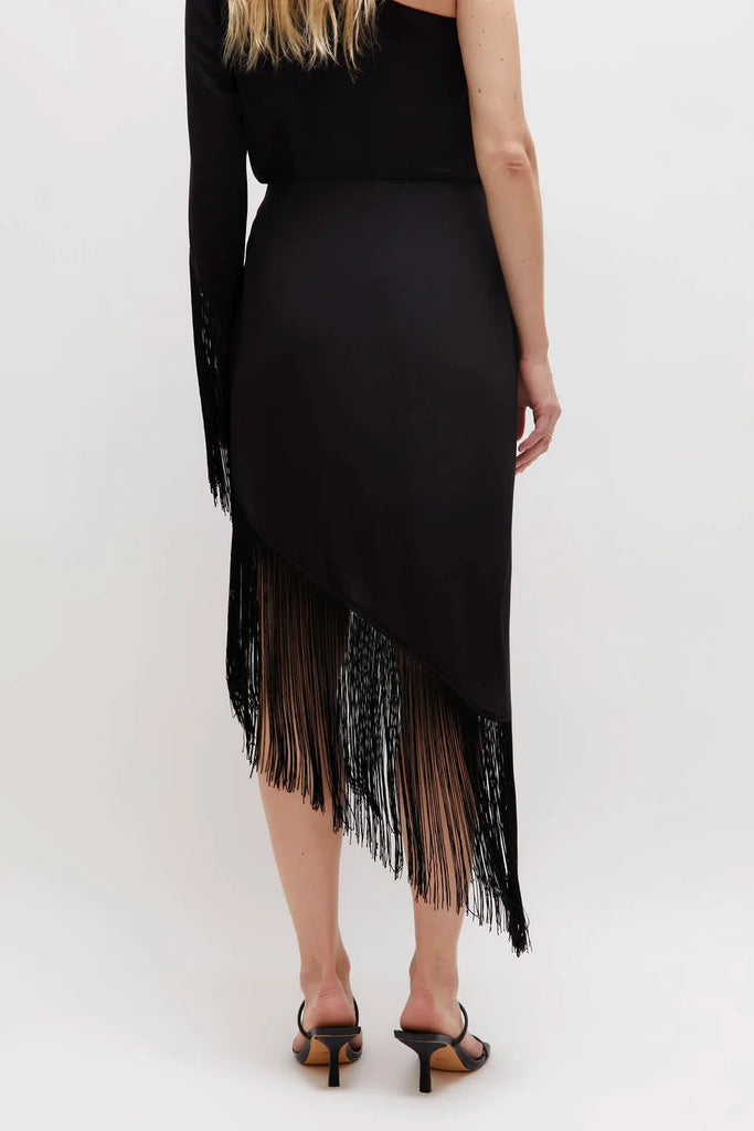 Black asymmetrical midi skirt with fringes