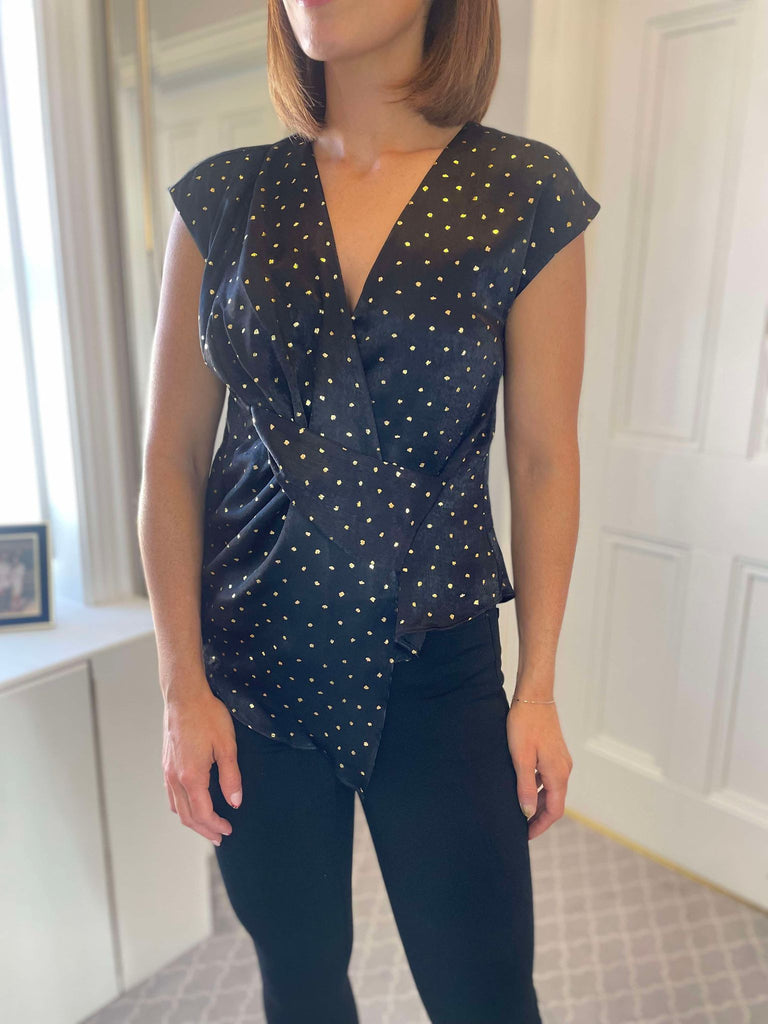 Black Satin and Gold Foil Draped Top by Vogue Williams