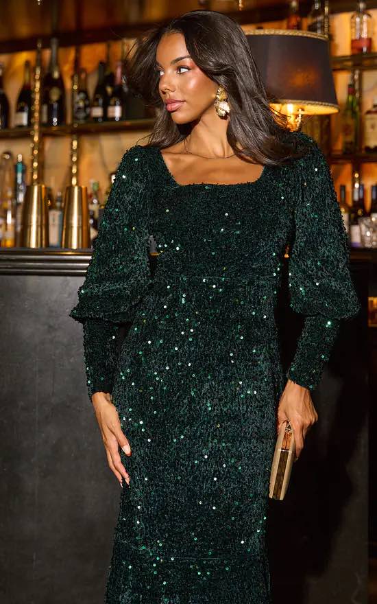 Sequin Velvet Bodycon Long Sleeves Evening Dress In Green