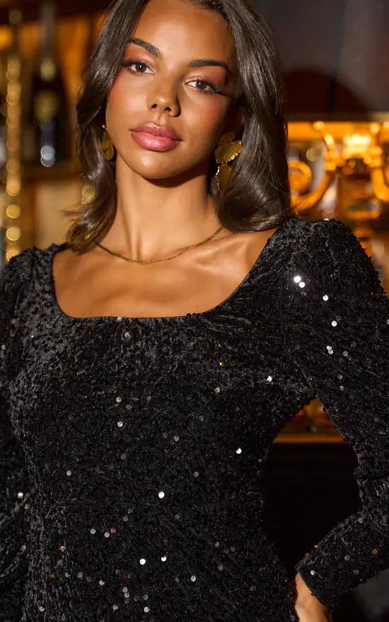 Sequin Velvet Body Con Long Sleeves Evening Dress In Black