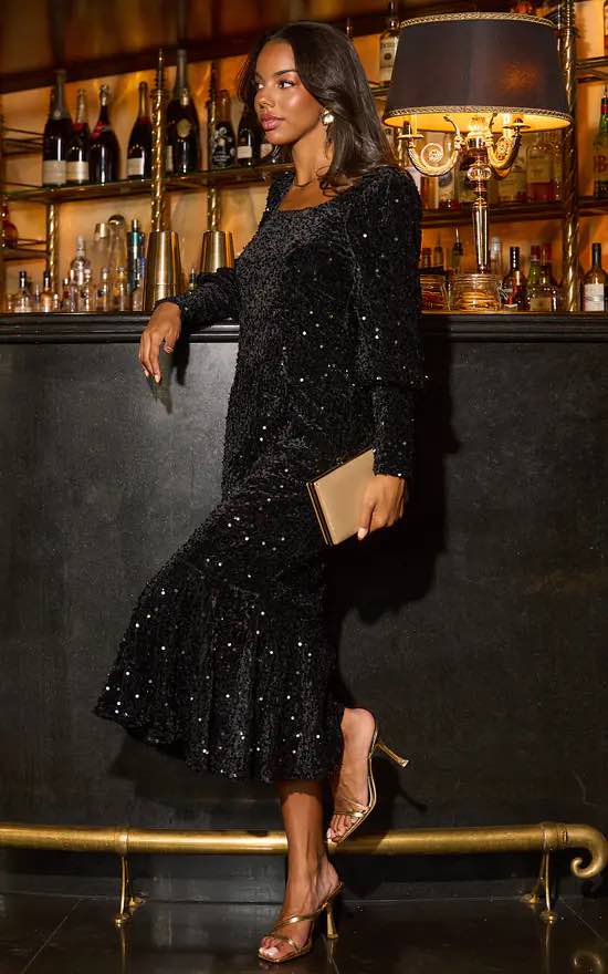 Sequin Velvet Body Con Long Sleeves Evening Dress In Black