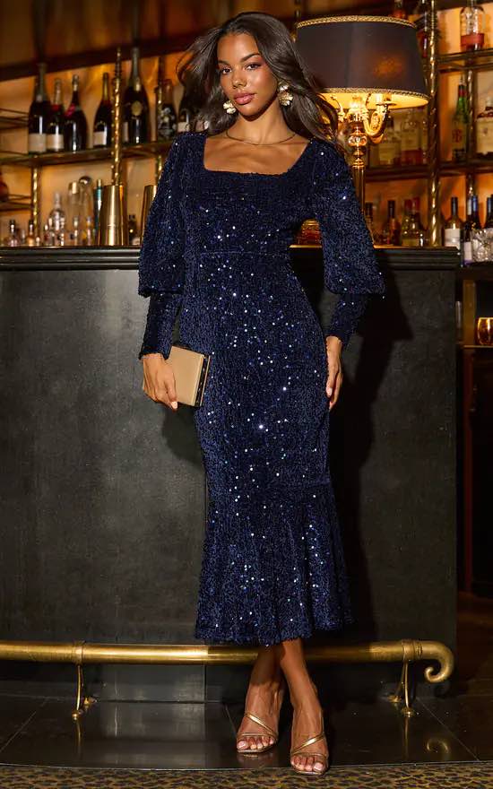 Sequin Velvet Bodycon Long Sleeve Evening Dress In Navy