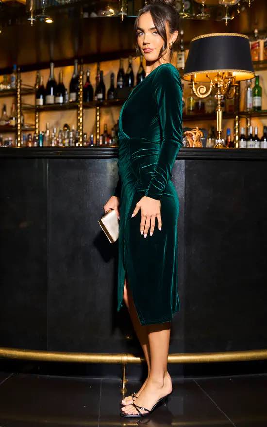 Faux Wrap Long Sleeves Midi Velvet Cocktail Dress In Dark Green