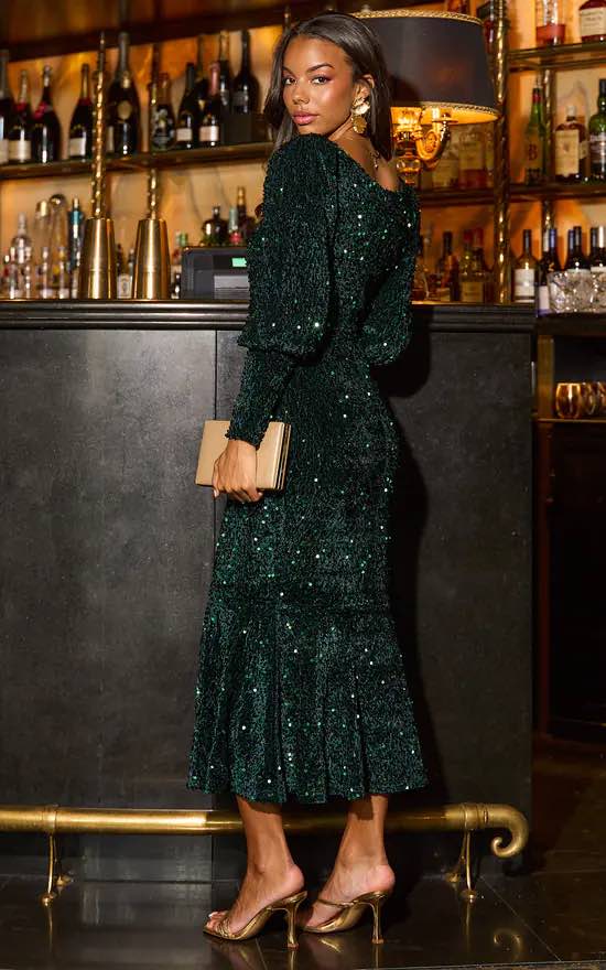 Sequin Velvet Bodycon Long Sleeves Evening Dress In Green