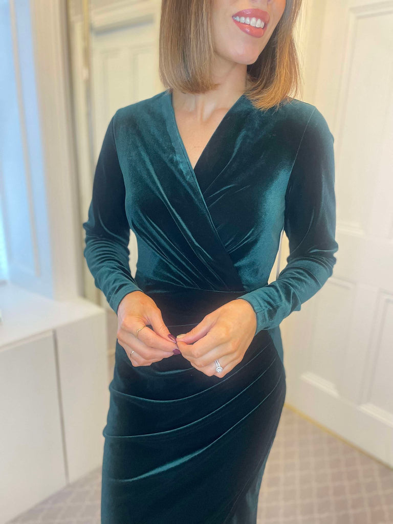 Faux Wrap Long Sleeves Midi Velvet Cocktail Dress In Dark Green