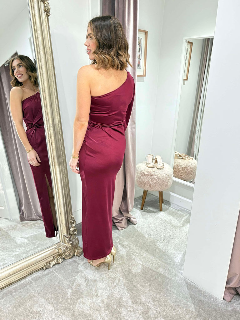 wine satin midi dress