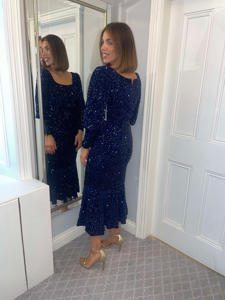 Sequin Velvet Bodycon Long Sleeve Evening Dress In Navy