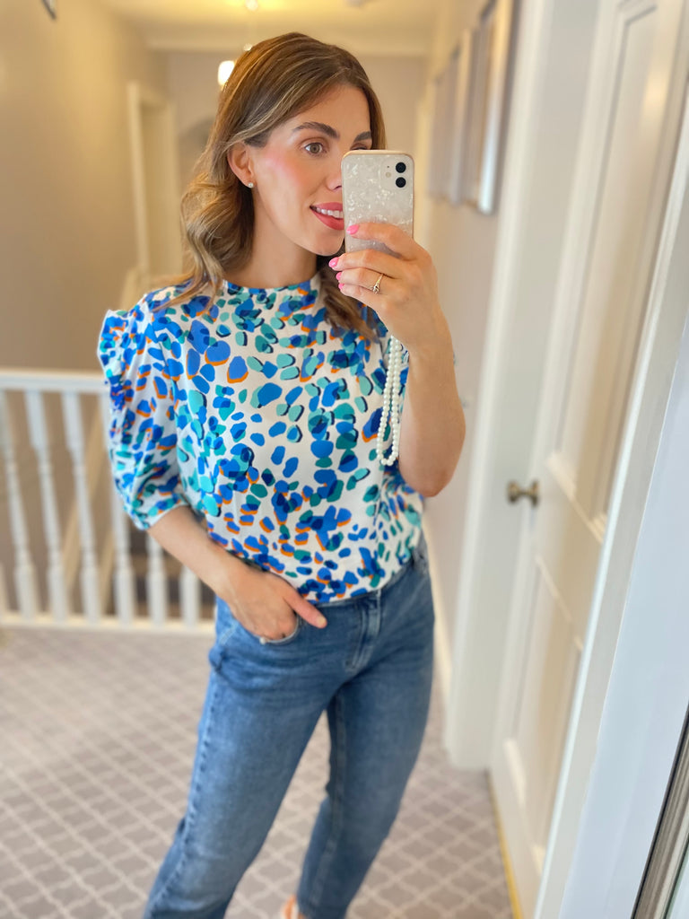 Asher Blue Animal Frill Sleeve Top