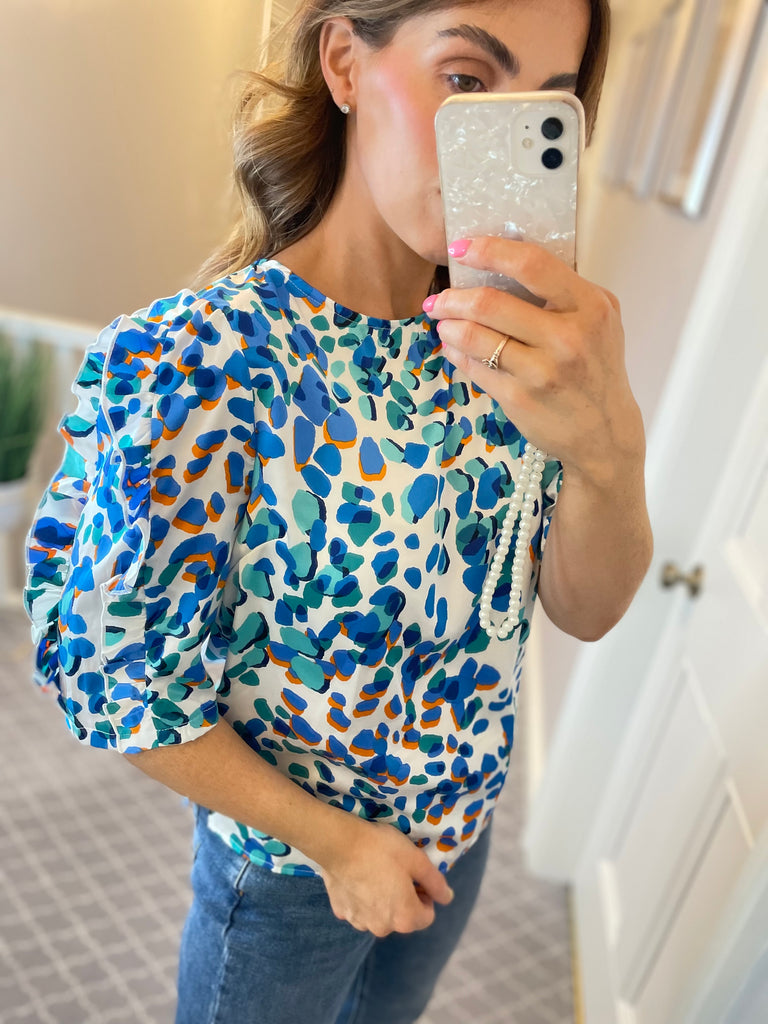 Asher Blue Animal Frill Sleeve Top