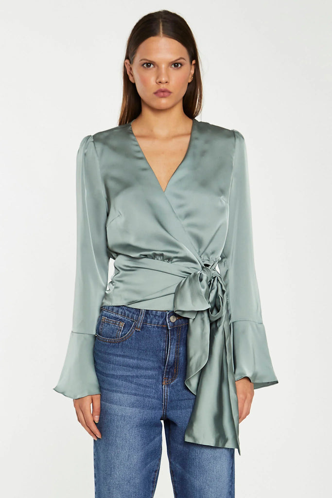 Dusty-Green Satin Wrap Front Blouse