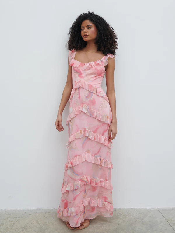 Cecile Scoop Neck Ruffle Maxi Dress