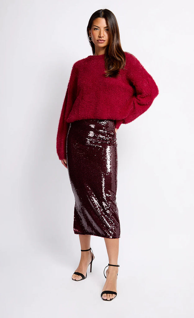 Burgundy Sequin Midaxi Skirt by Vogue Williams