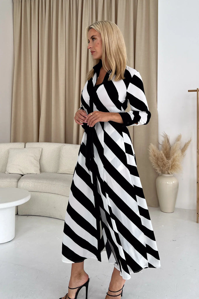 Brielle Black White Stripe Shirt Maxi Dress