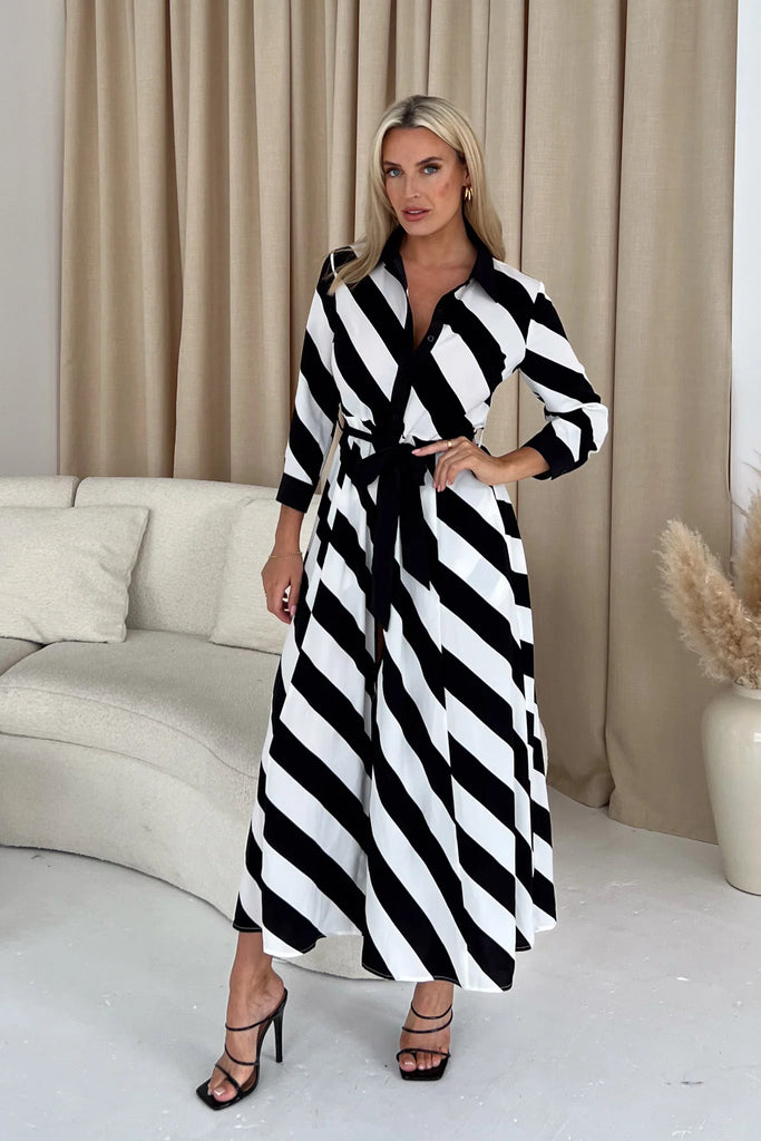 Brielle Black White Stripe Shirt Maxi Dress