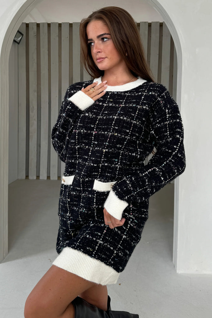 black and cream knitted dress Fallon Cream with Black Stripe Knit Jumper Dress  Girl In Mind