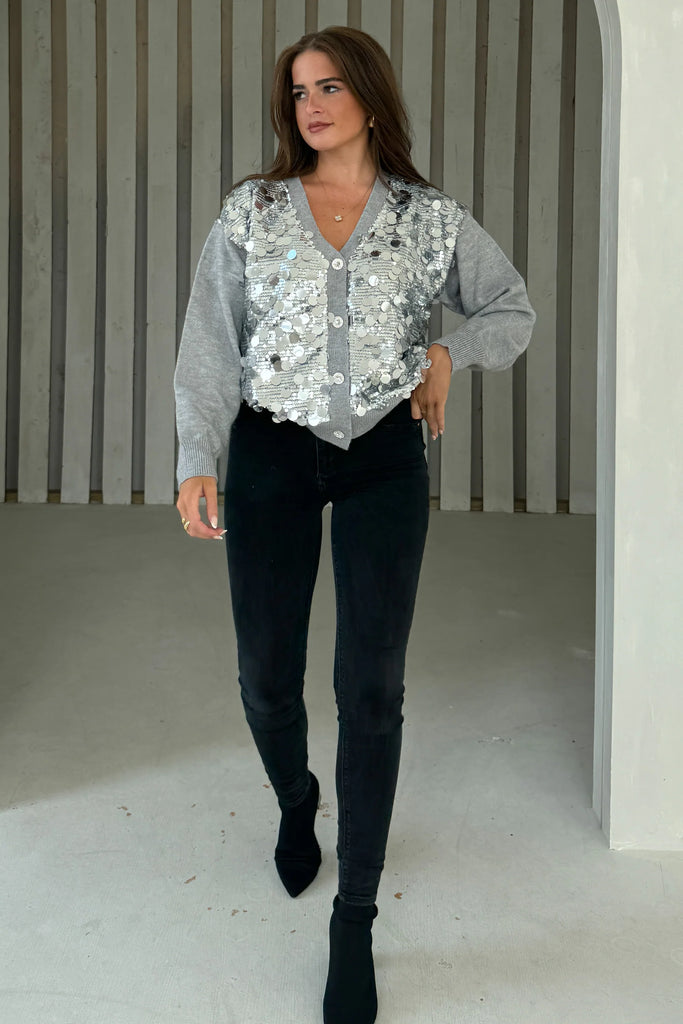 Rita Grey and Silver Sequin Knit Cardigan