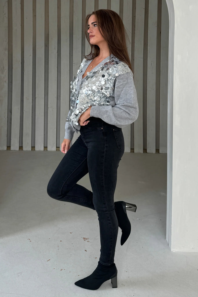 Rita Grey and Silver Sequin Knit Cardigan