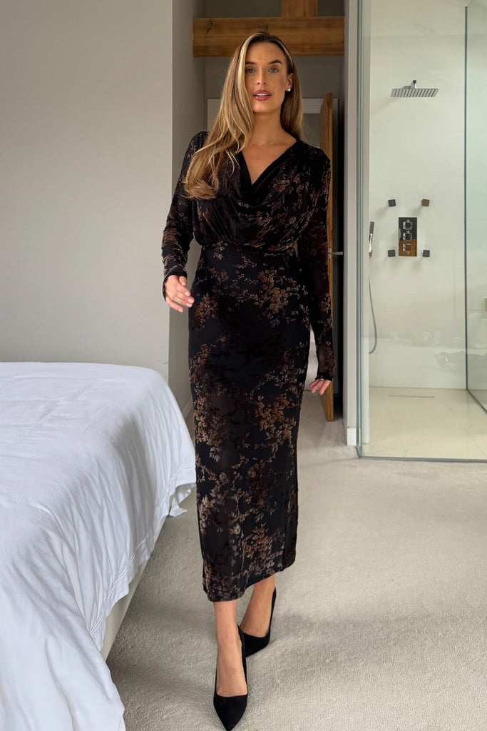 Remington Flocked Floral Cowl Neck Midi Dress Black