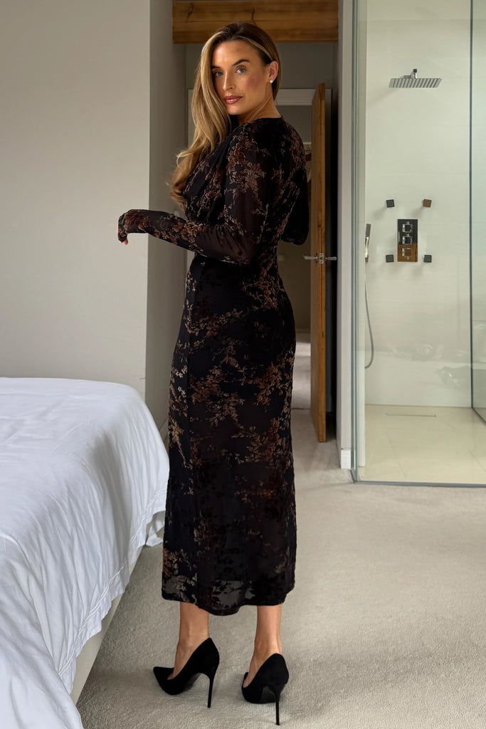 Remington Flocked Floral Cowl Neck Midi Dress Black