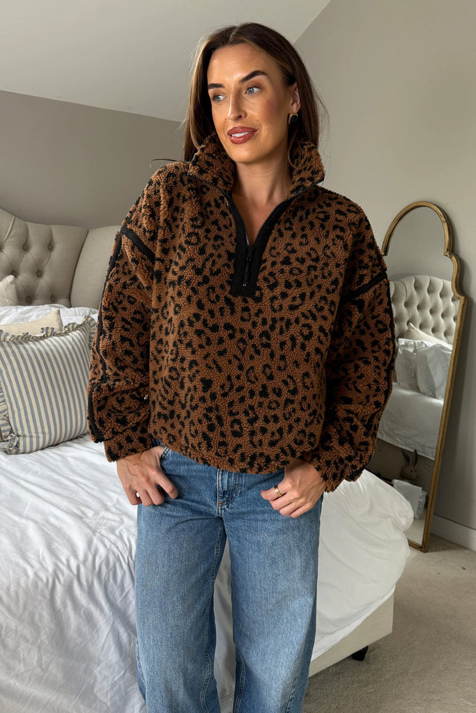 Lulu Contrast Binding 1/4 Zip Fleece Brown Animal