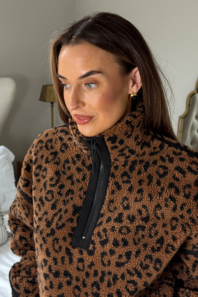 Lulu Contrast Binding 1/4 Zip Fleece Brown Animal