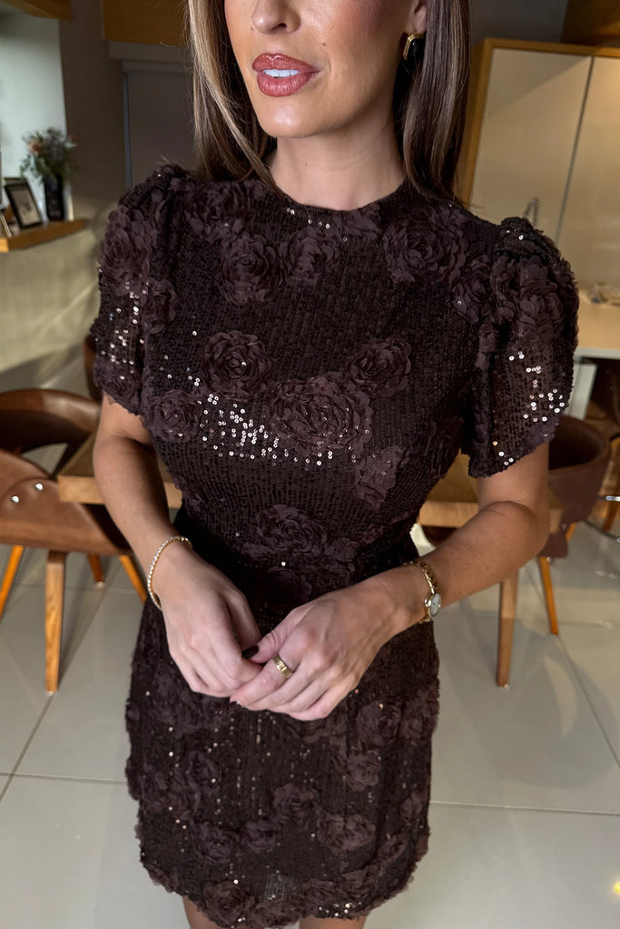 Ami Tulip Sleeve High Neck Mini Dress 3D Floral Brown