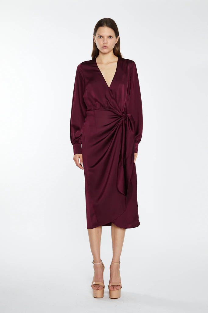 Deep Burgundy Sateen Long-Sleeve Wrap Midi-Dress