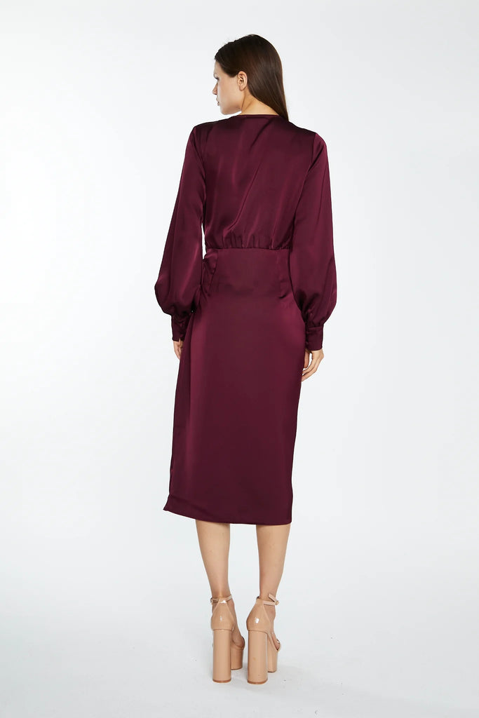Deep Burgundy Sateen Long-Sleeve Wrap Midi-Dress