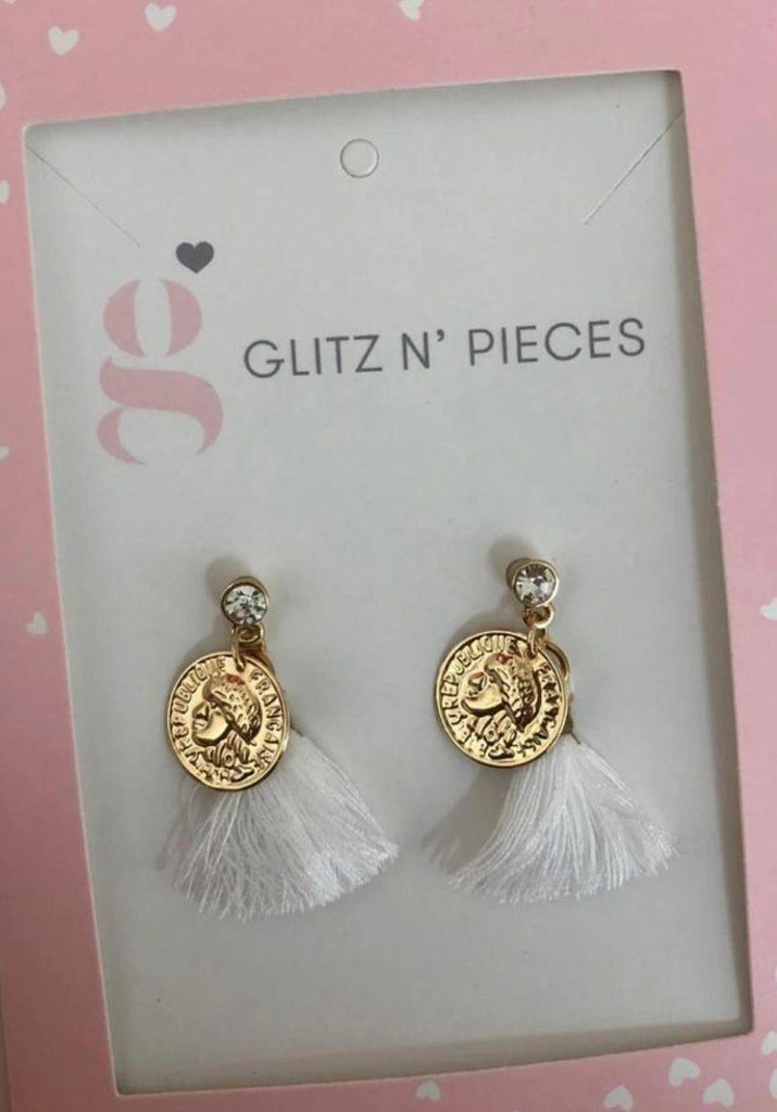 Glitz n Pieces white fringe earrings