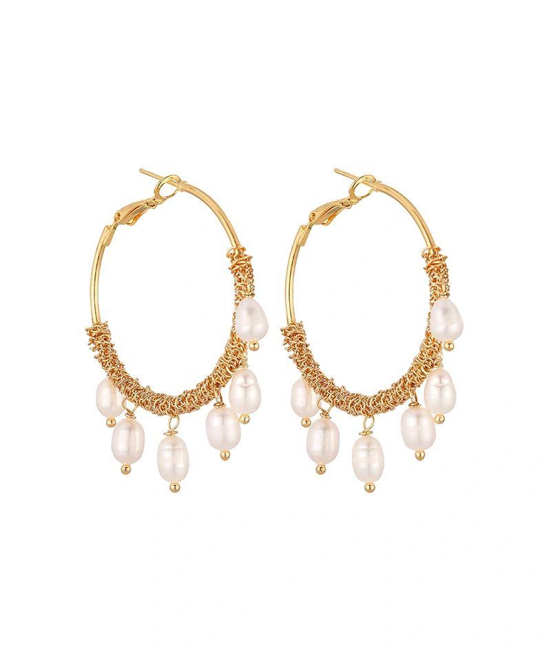 Gold hoop earrings with pearl charms