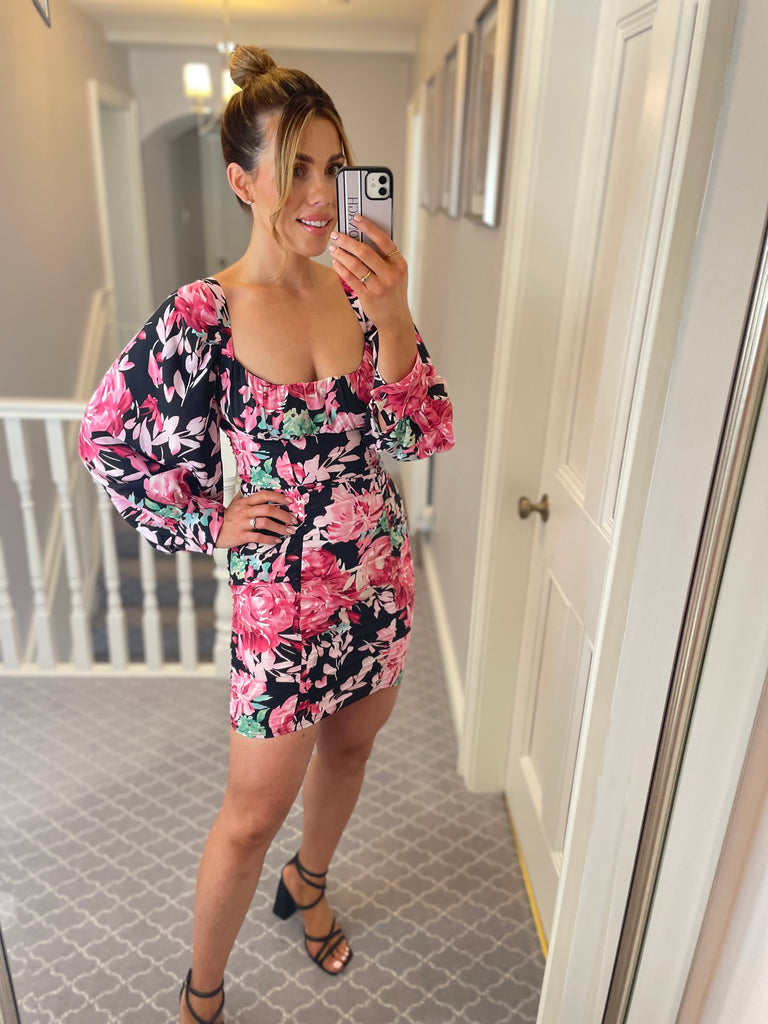 Ruched Long Sleeve Mini Dress Pink Floral